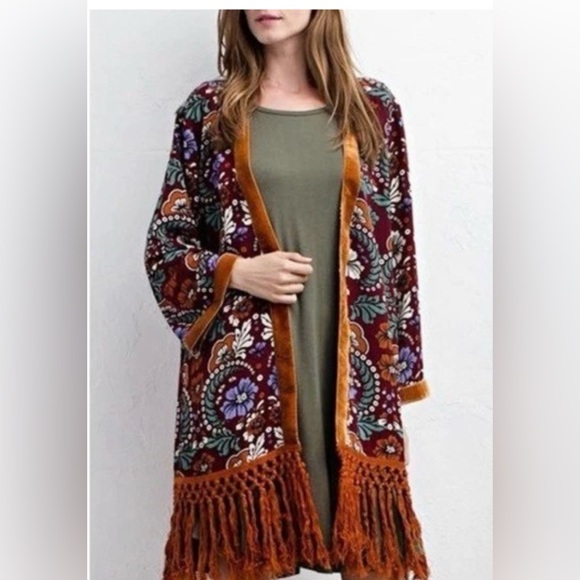 JODIFL Tops - Jodifl Velvet Fringe Kimono
